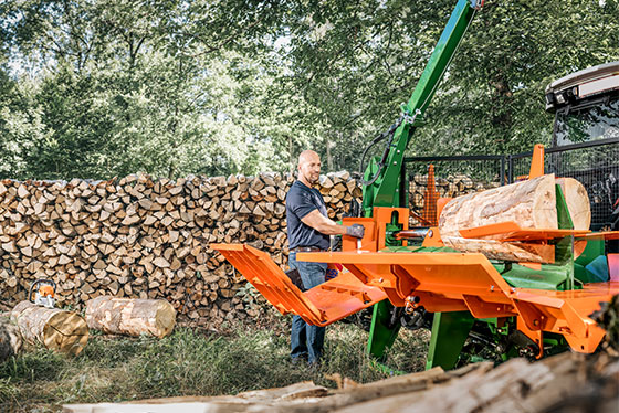 holzspalter posch wald saege mann aufgeschlichtetes holz